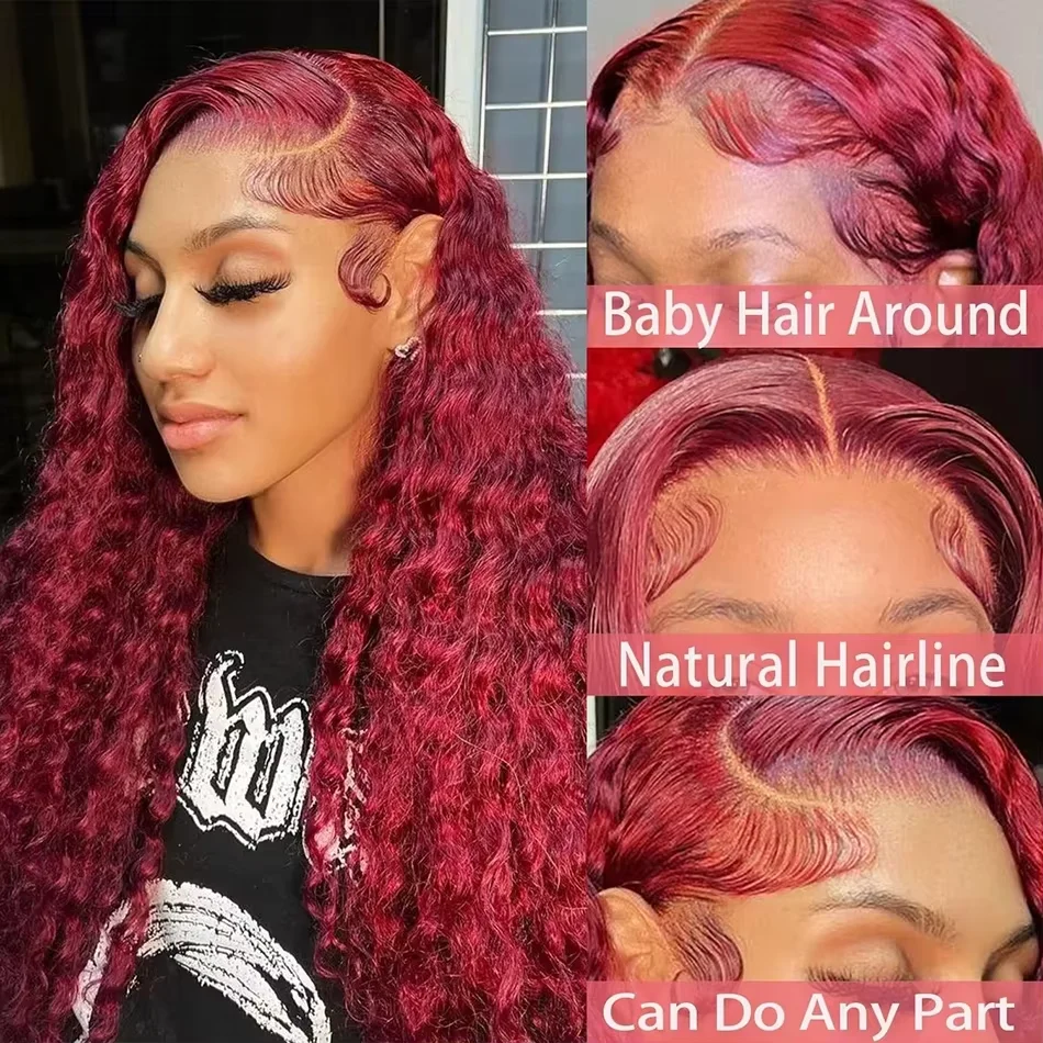 220 Density 99J Burgundy 13x6 HD Lace Front Wigs Human Hair Red Colored Deep Wave Transparent Preplucked 13x4 Lace Front Wig