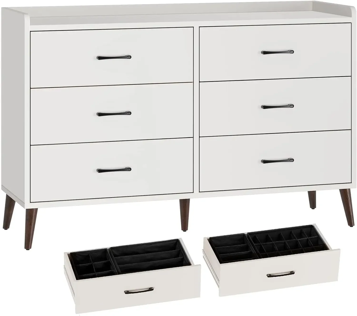 6 Wooden Drawers Storage Dresser w/ Foldable Drawer Dividers,Modern Chest of Drawer w/ Anti-Tipping Device, White/Black/Brown