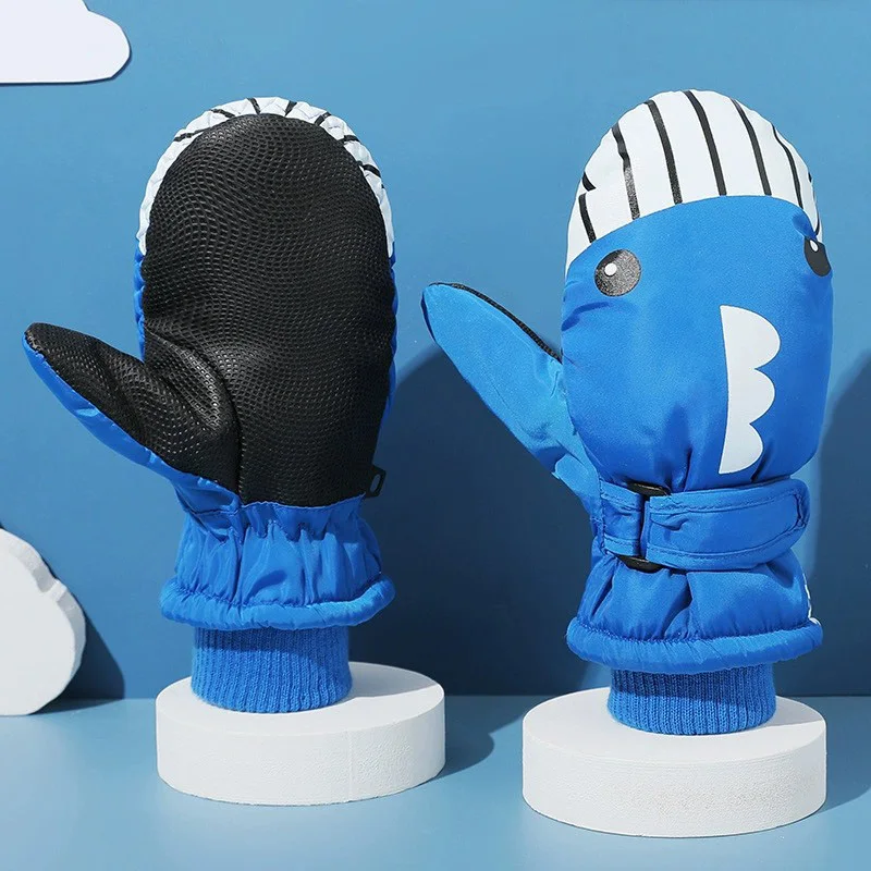 Children Gloves For Boys Girls Winter Mitten Thick Waterproof Non Slip Gloves Ski Warm Card Cartoon Shark Penguin