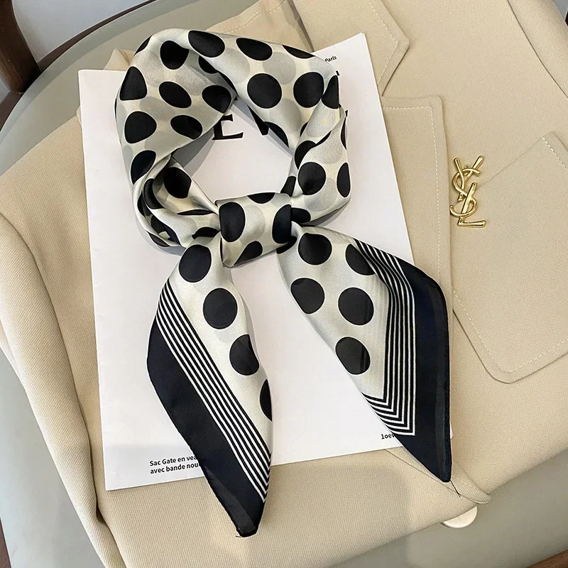 Retro Polka Dot Montage Silk Square Scarf Women Soft Satin Hairband Neckerchief Hijab Lady Headband Foulard Bag Ribbons Kerchief 2