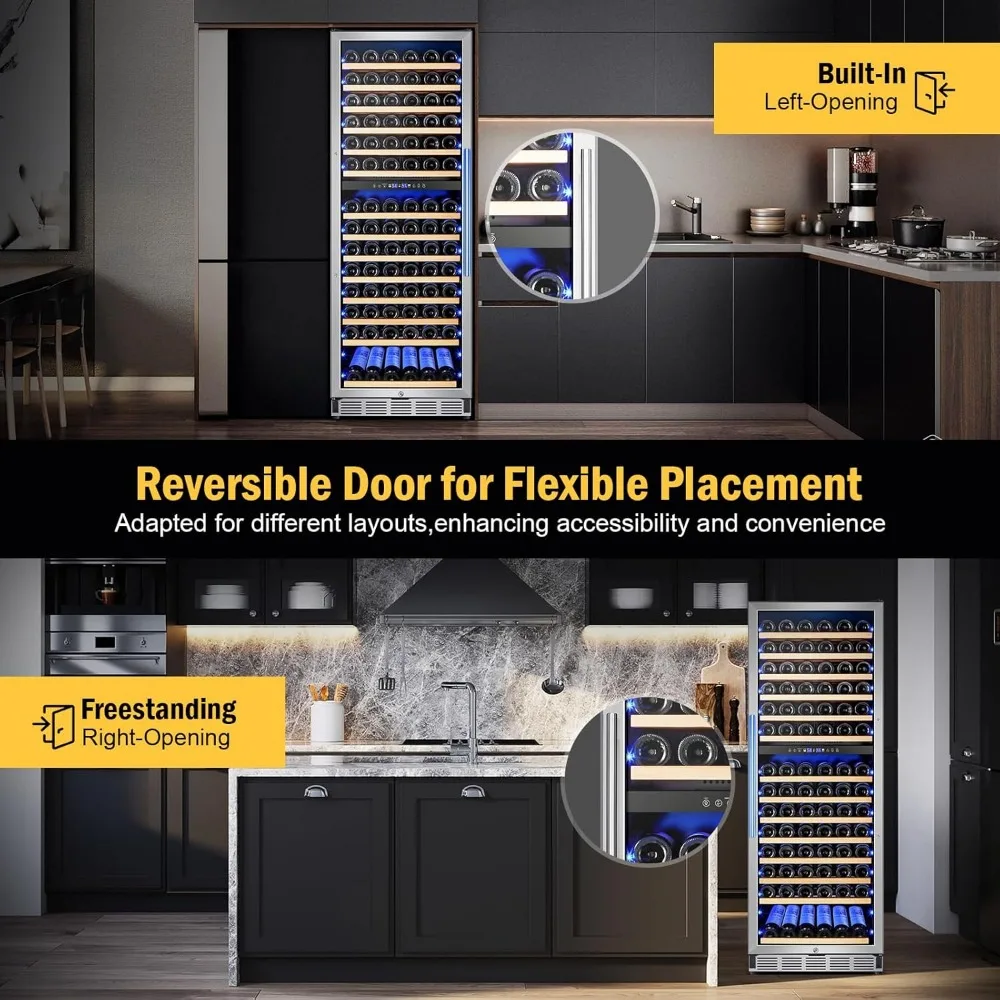 Large Wine Fridge Dual Zones, Tall Freestanding/Built-in Wine Cellar Professional with Reversible Door Sliding Rail Shelves 6