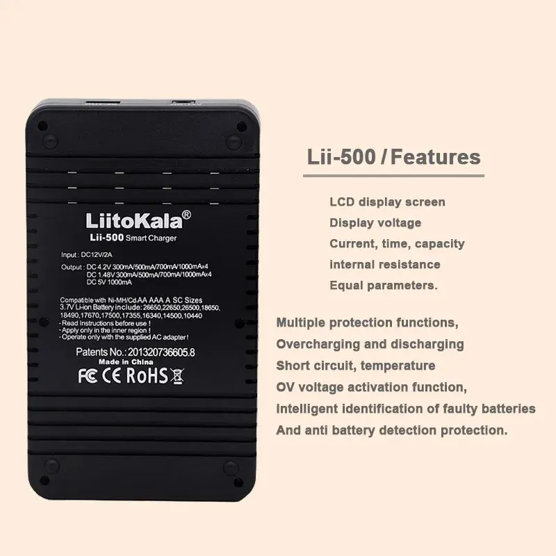 Battery Charger Charger Adapter Battery Charger Adapter LiitoKala Lii-500 LCD 3.7V/1.2V AA/AAA 18650/26650/16340/14500/10440/18500 Battery Charger Screen+12V2A Adapter