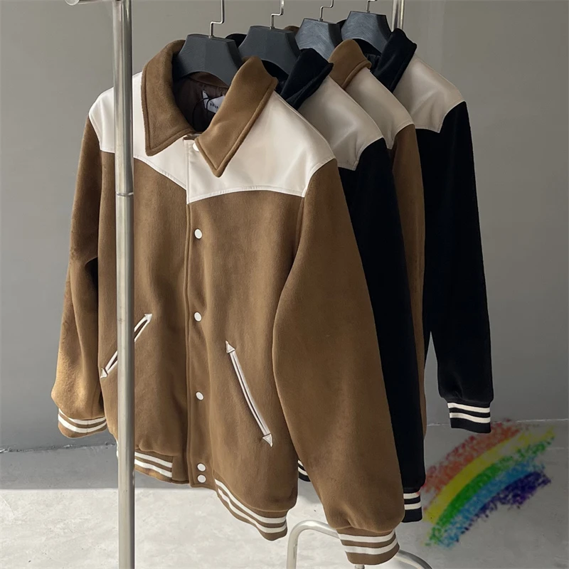 

2023fw RHUDE Spliced PU Leather Baseball Jacket For Men Women 1:1 Top Quality Casual Down Coat