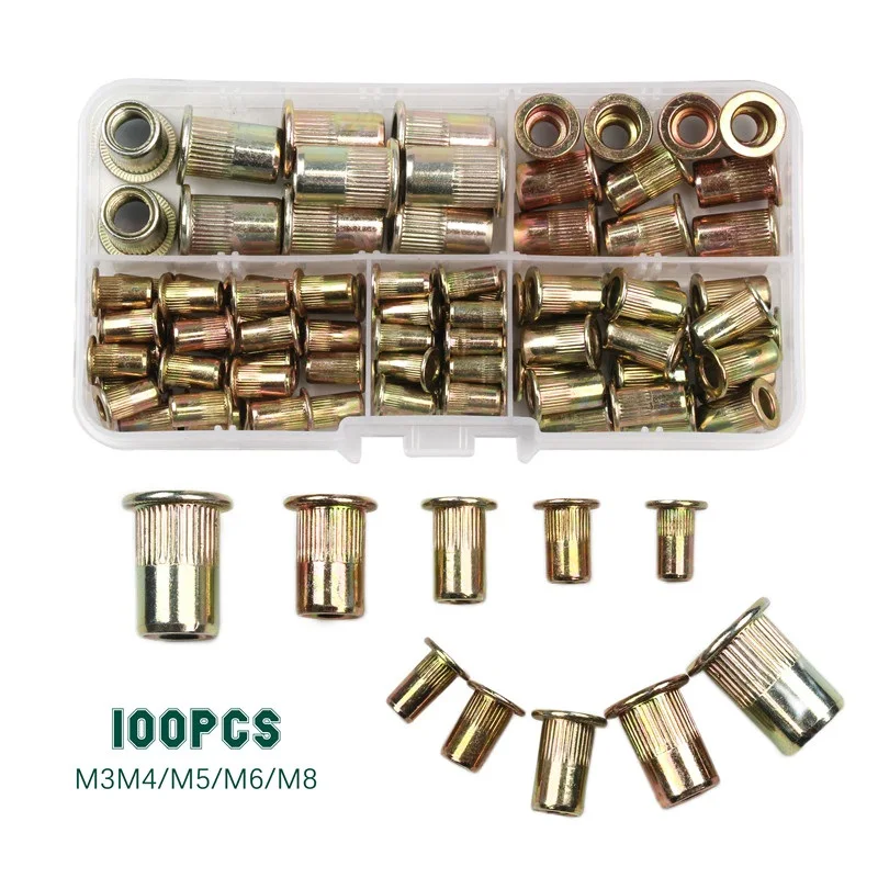 M3 M4 M5 M6 M8 Carbon Steel Rivet Nuts Insert Rivets Flat Head Threaded Rivnut Nuts Nutsert Cap Set 100pcs rivet nuts set