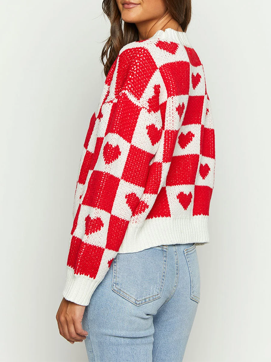 

Женский свитер с длинным рукавом, Свободный вязаный пуловер оверсайз с круглым вырезом и принтом сердечек