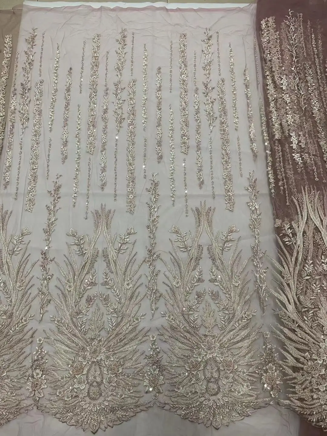 

African Net Lace Fabric With Sequins beads High Quality French Tulle Lace Nigeria ZH-1302167 Material For Wedding Dress