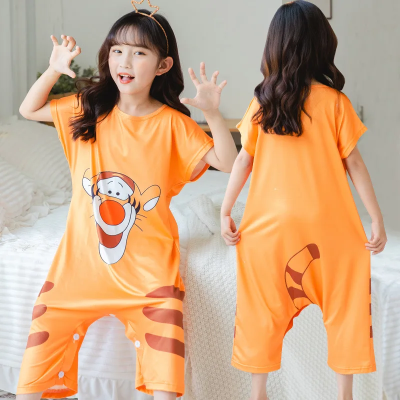 

Disney Tigger Children's One-piece Pajamas Girls Summer New Super Cute Short-sleeved Cotton Sleeping Bag Boys and Large Clothes