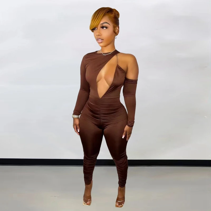 

Hollow Out Black Sexy Jumpsuit Women Y2K Satin Solid Long Sleeve Jumpsuit Party Clubwear Bandage Bodycon Rompers Womens Jumpsuit