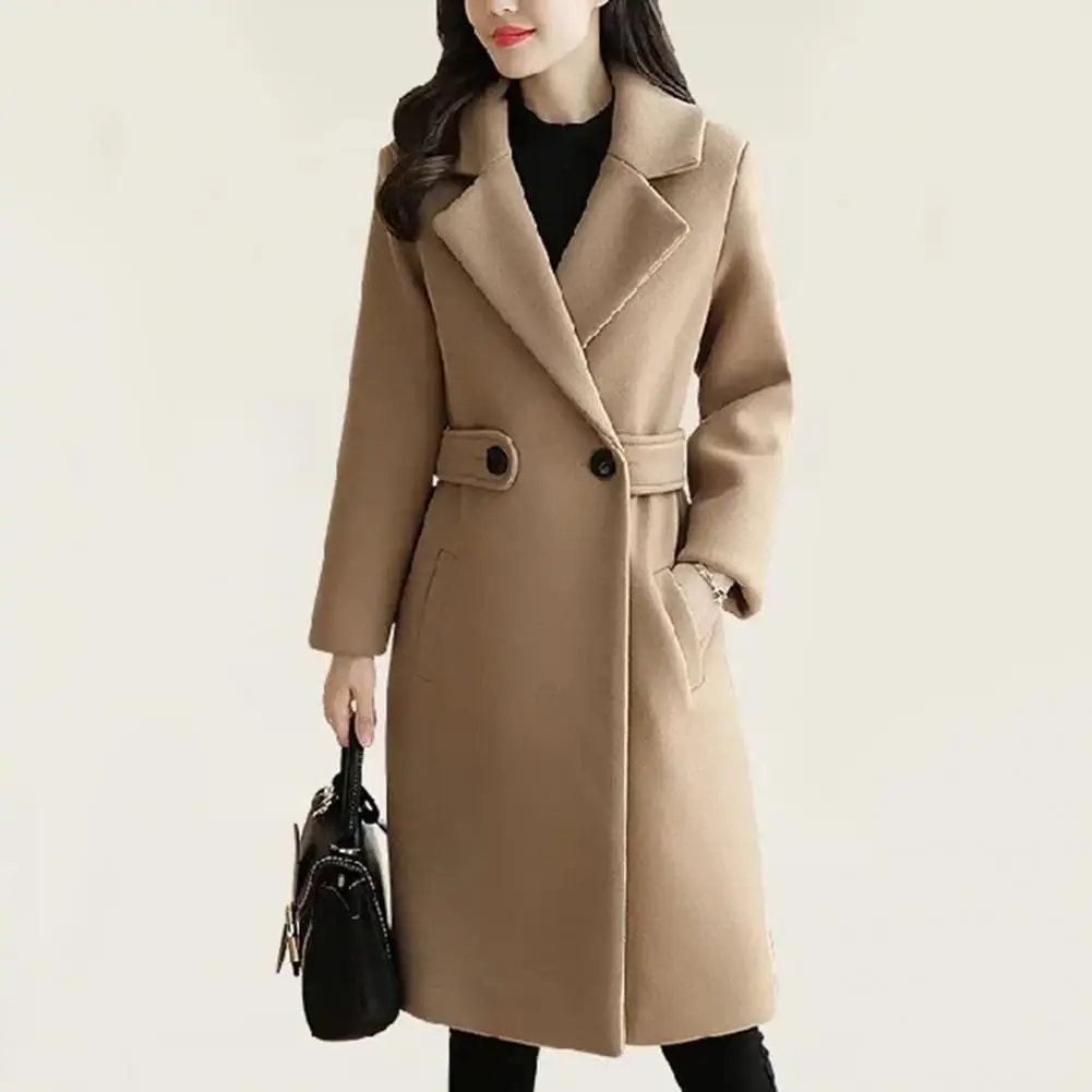 

Женская куртка, Стильное женское пальто средней длины, плотное однотонное пальто с отложным воротником и поясом на пуговицах для осени и зимы, двойное пальто
