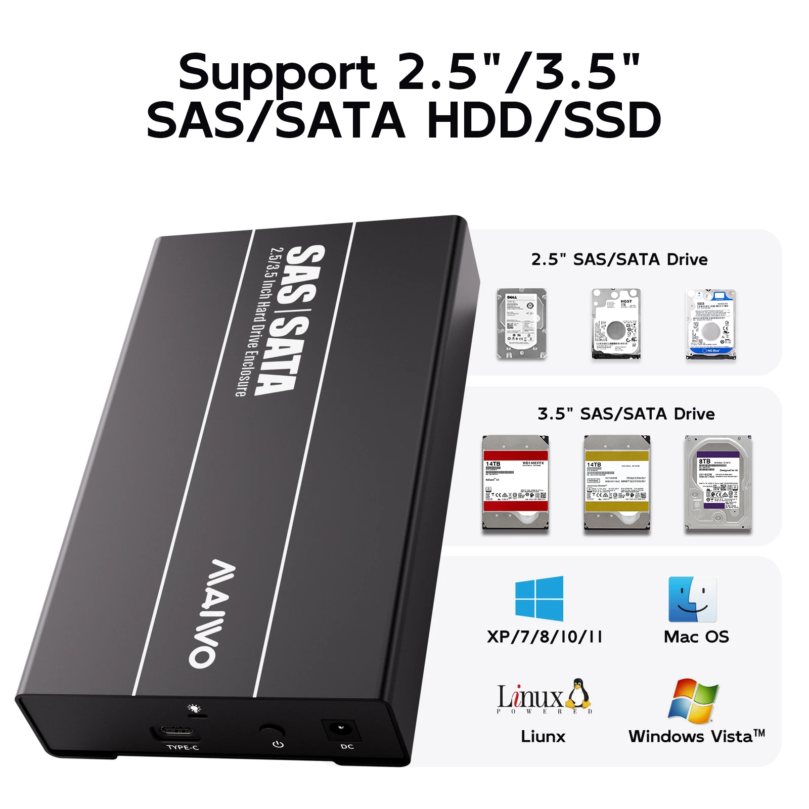 MAIWO 2.5/3.5인치 SAS/SATA 외장 하드 드라이브 케이스 SAS/SATA HDD 케이스 SATA to Type-C HDD 도크, 최대 30TB HDD/SSD 디스크 지원