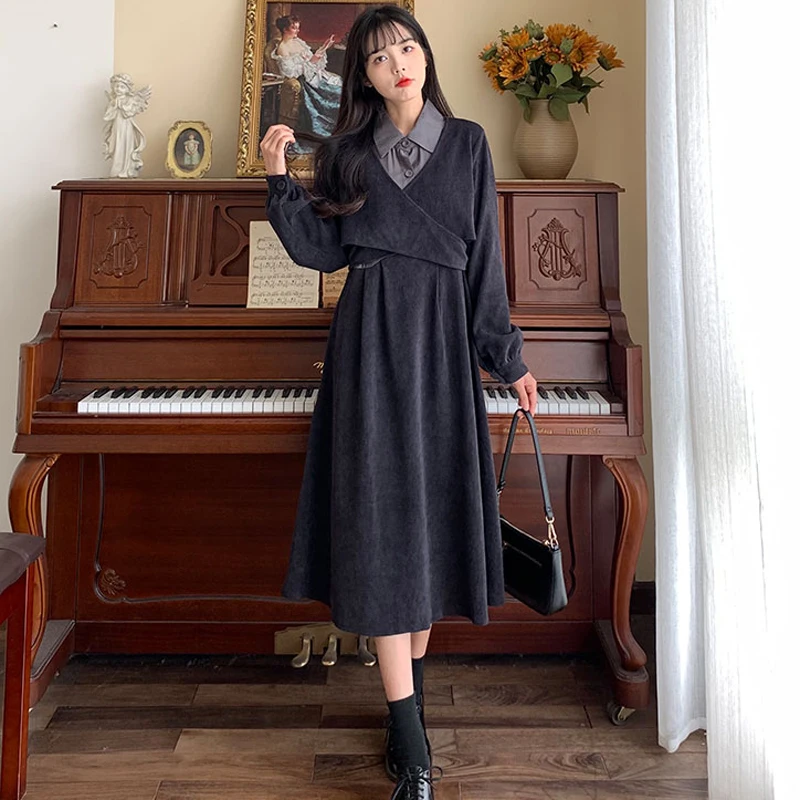 

Elegant Warm Corduroy Long Dresses For Women 2023 Female Large Size 4XL Autumn Winter Vintage Loose Gray A Line Party Vestidos