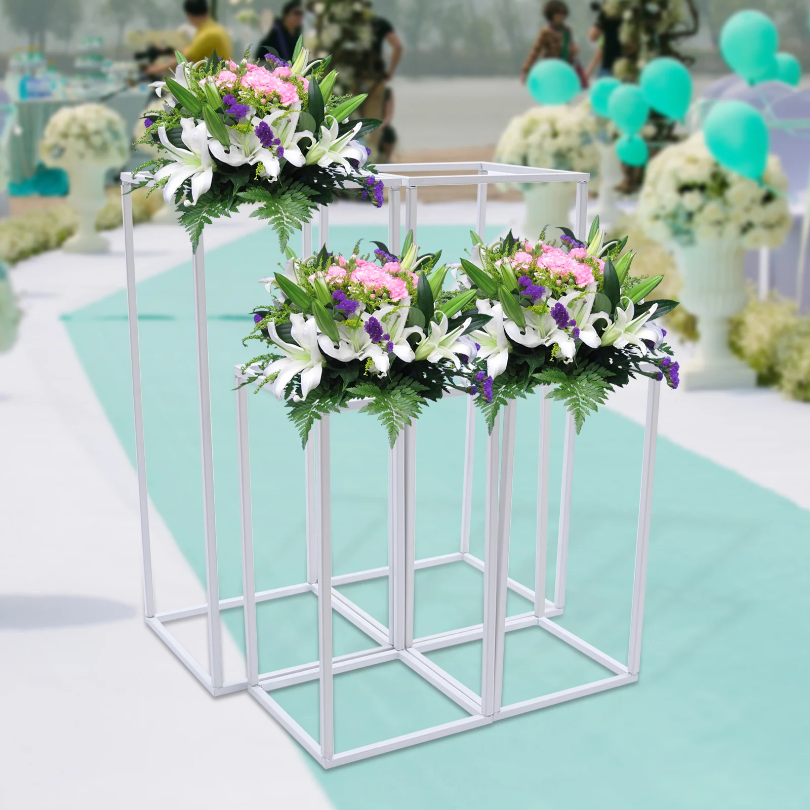 4Pcs White Metal Art Geometric Column Flower Stand Flower Rack Holder for Wedding Party Prop Backdrop Decoration (1Set)