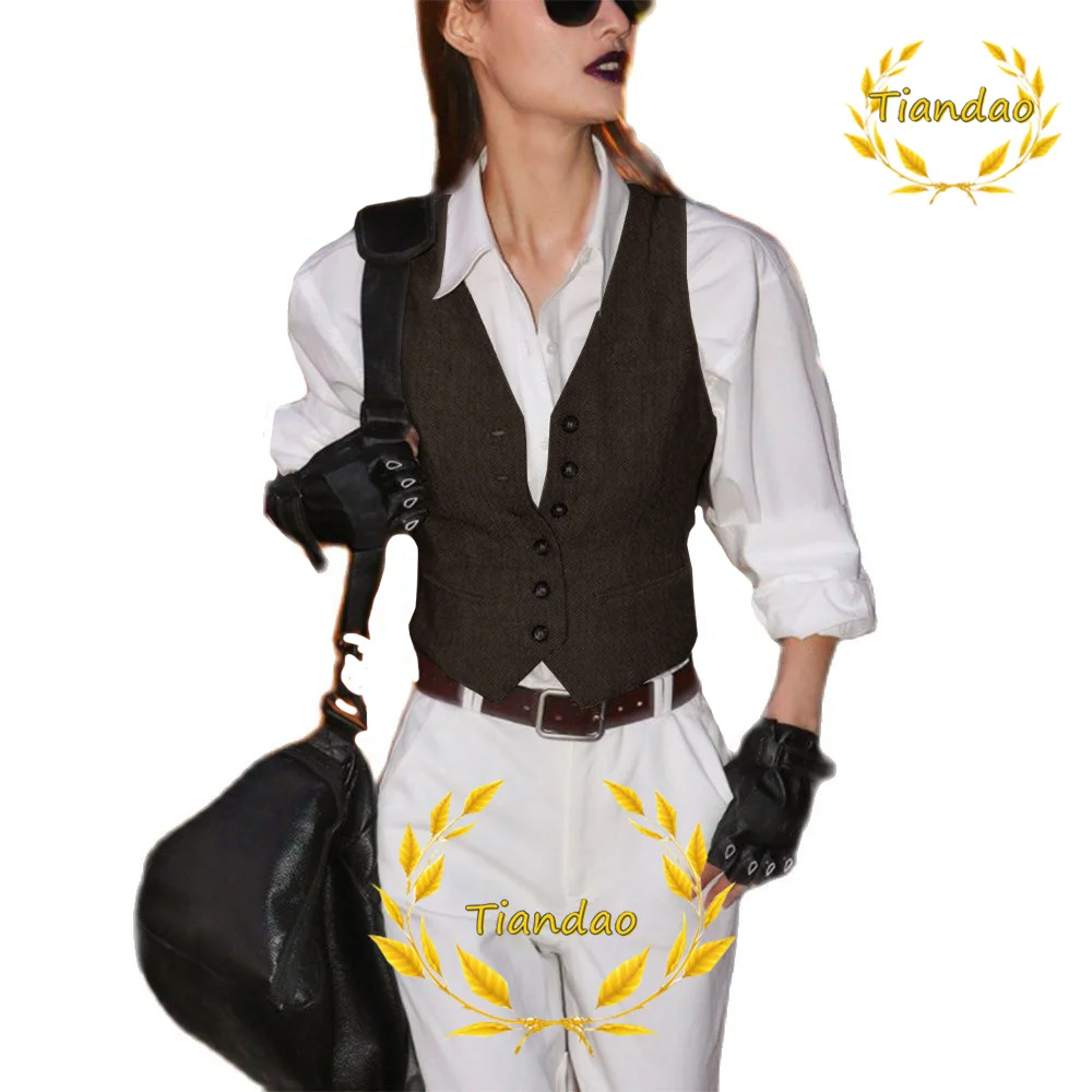 Vintage Women's Vest Herringbone Wool Sleeveless Jacket V-Neck Single Breasted Vest Steampunk Waistcoat for Lady