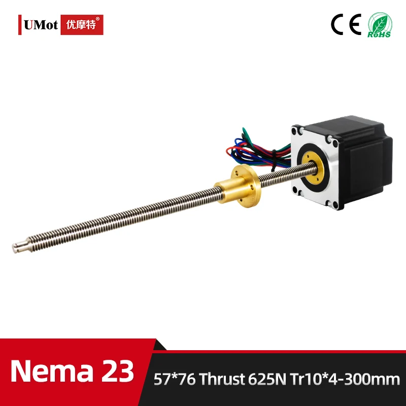 

Упорный линейный шаговый двигатель 625N длиной 76 мм, 4 мм, гибридный Micro Nema 23 с винтовым валом, со свинцовым винтом 300 мм