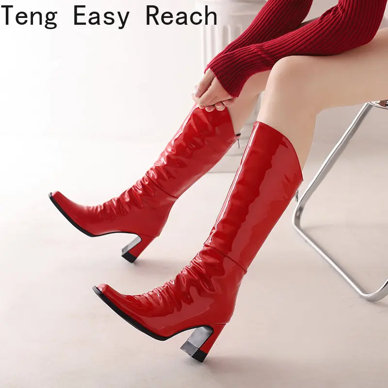 2023 New women's patent leather knee-high boots stylish white squareToe zipper chunky heels in candy color Boots Size 34-43