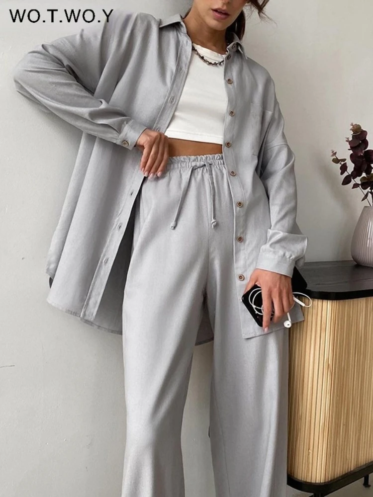 ladies coat pant suit WOTWOY 2022 Spring Casual Shirts and Pants Two-Pieces Set Women High Waist Loose Drawstring Trousers Female Button-up Cozy Shirt designer suits for women