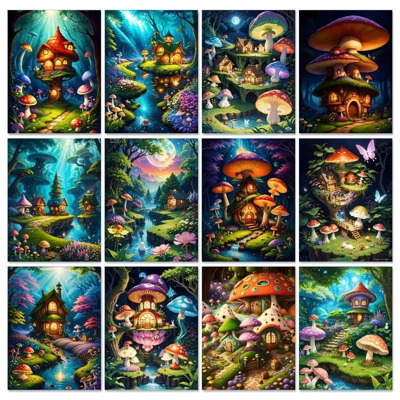 

GATYZTORY Oil Painting By Numbers Mushroom Houses Kits For Adults Handpainted Diy Coloring By Number Home Decoration