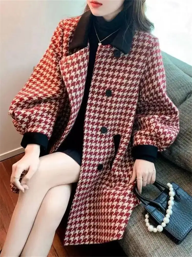 

Women Long Plaid Woolen Jacket Houndstooth Cloak Coat