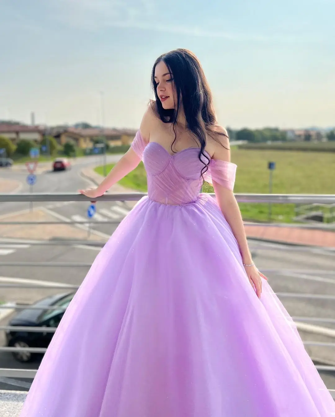 

Light Purple Shiny Tulle Long Prom Dresses Off the Shoulder Pleated Floor Length Saudi Arabic Women Evening Party Dress