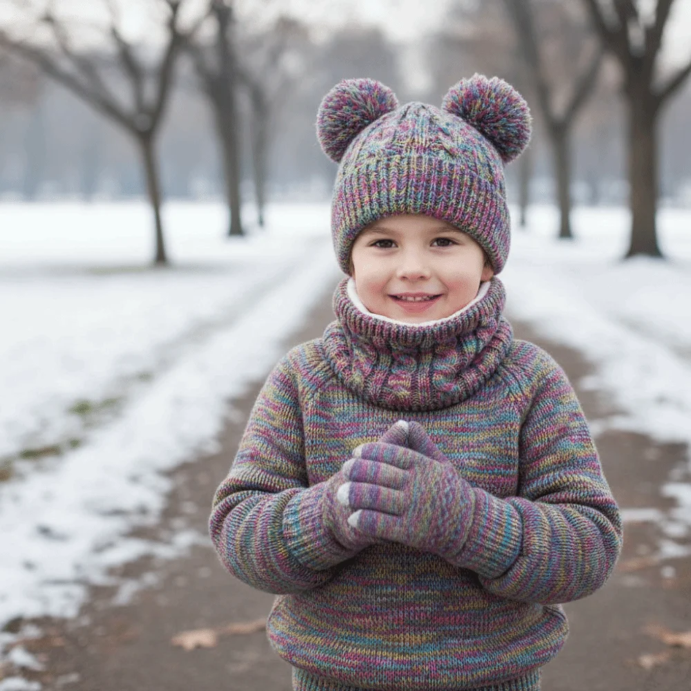 Cute Pompom Baby Hat Scarf Gloves Set Warm Ears Keep Warm Toddler Knitted Hats Thickened with Velvet Hat Set Boys