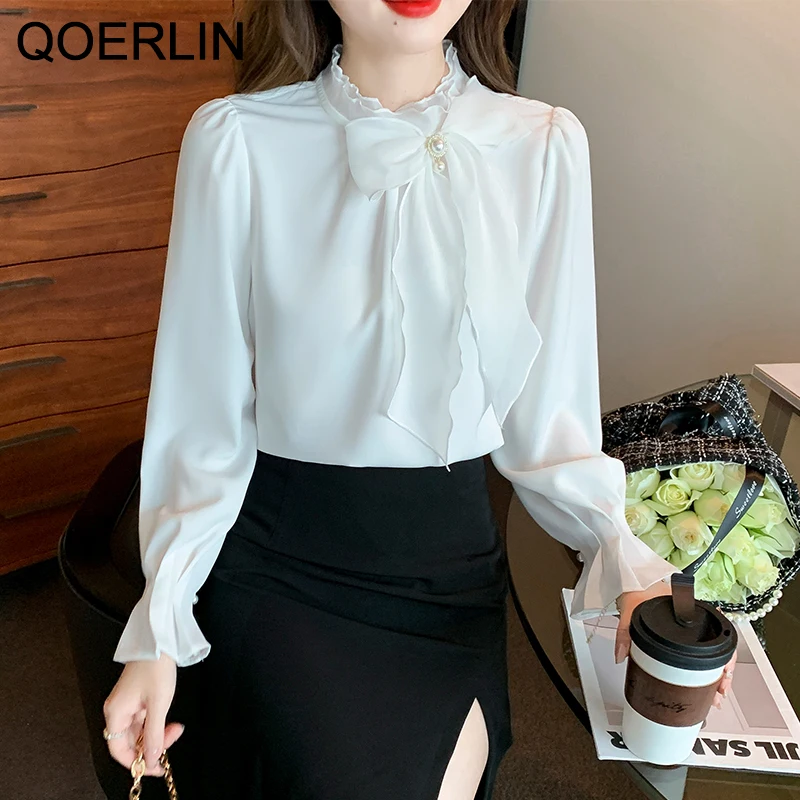 QOERLIN Ruffle Blouse Turtleneck Elegant Bowknot Micro Transparent Flared Sleeve Shirt White Pink Shirts Office Ladies Workwear