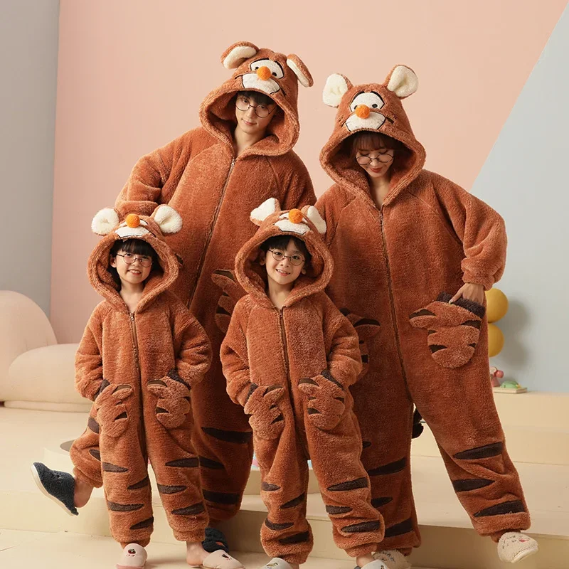 Winter Family Parent-Child Outfit Pijamas Onesie Sleepwear Thicken Pajamas Hoodies Jumpsuits Cartoon Tiger Kawaii Soft Warm