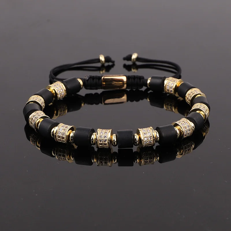 

New Luxury Natural Stone CZ Pave Tube Charm Matte Onyx Beads Friendship Adjustable Bracelet For Men Jewelry Gift