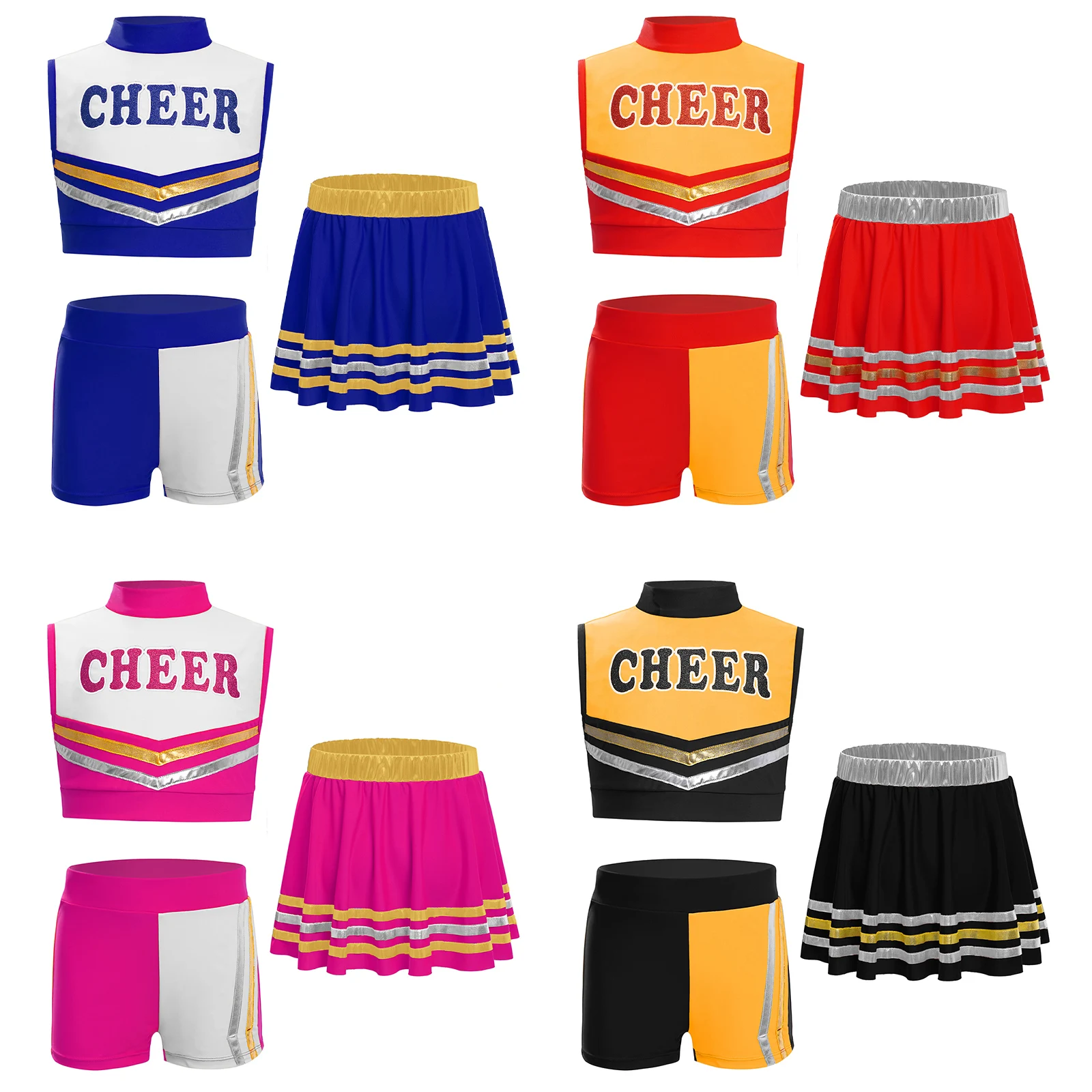 Kinder Mädchen Cheerleader Cheerleading Tanz Performance Kostüm Buchstaben bedrucktes Crop Top mit metallisch gestreiften Rock und Shorts – Detail 4