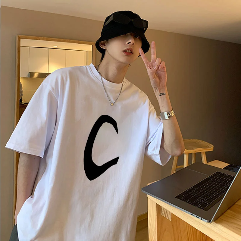 

Korean design letter pattern short-sleeved T-shirt for men and women loose retro and versatile 2024 new college style couple top