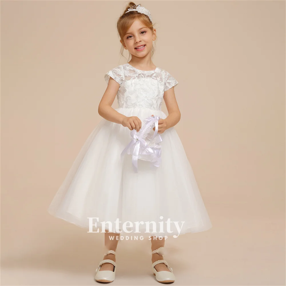 

Flower Girl Dresses A Line Scoop Neck Girls Elegant Dresses Tea-Length Lace Tulle Bow Wedding Dresses Vestidos Para Niñas