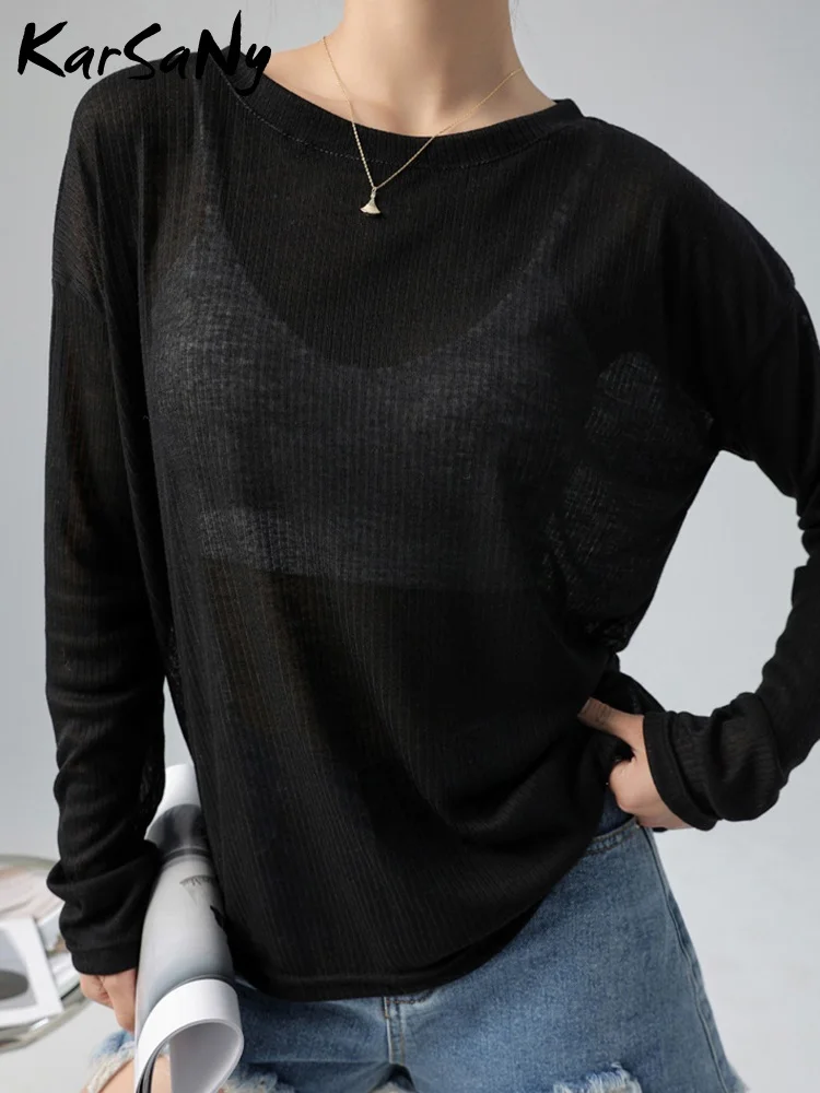 Summer Long Sleeve Oversized T-shirt Women Transparent Tshirts