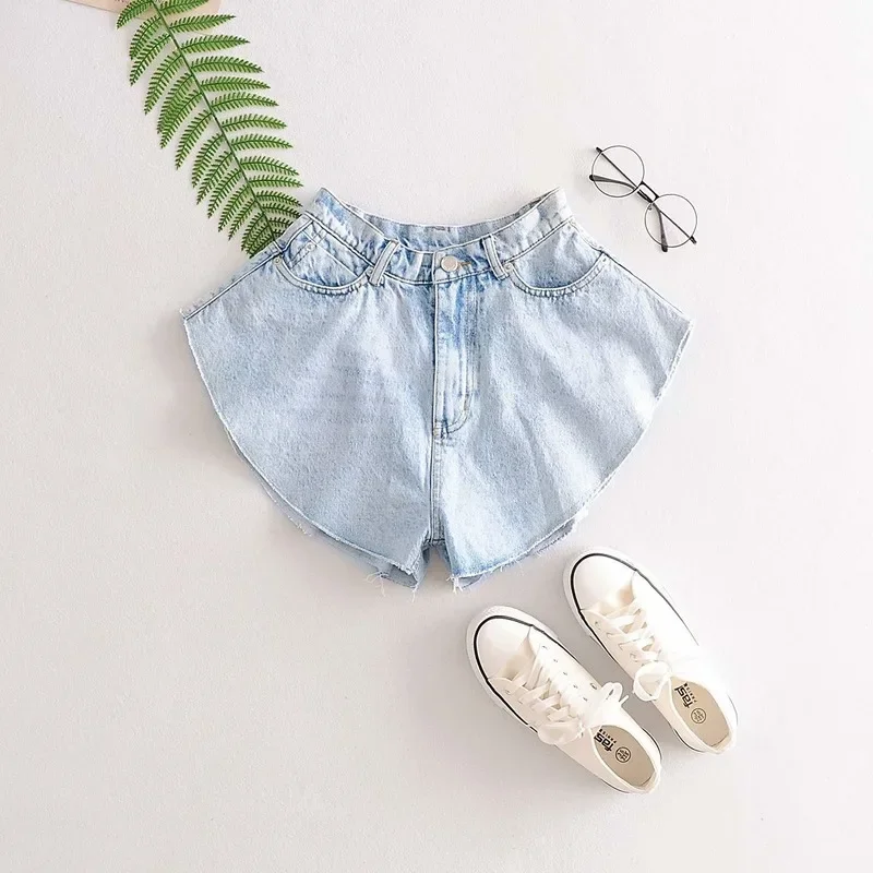 2024 High Waist Ruffle Hem All-Match Loose Ruched Shorts Female New Fashion Clothing Tide Summer Casual Blue Denim Shorts Skirts
