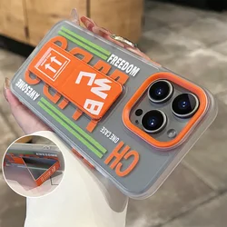 Matte Anti-Slip Wristband Holder Phone Case with Shockproof Folding Bracket and Hard Bumper Cover for iPhone 14 Pro Max (Orange)