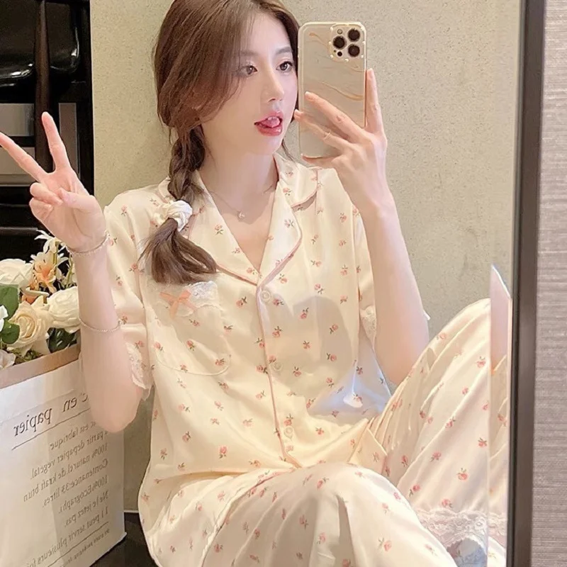 

Women's Pajamas Three-Piece Suit Short-Sleeved Pants Autumn Summer Lace Small Fresh Home Wear Pajama Sets