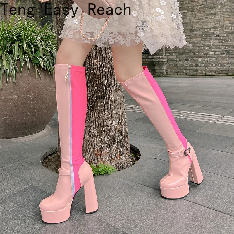 

Women's Platform Boots Winter New Fashion Color Matching Buckle Round Head Zipper High Heels Women's Boots Size 34-46