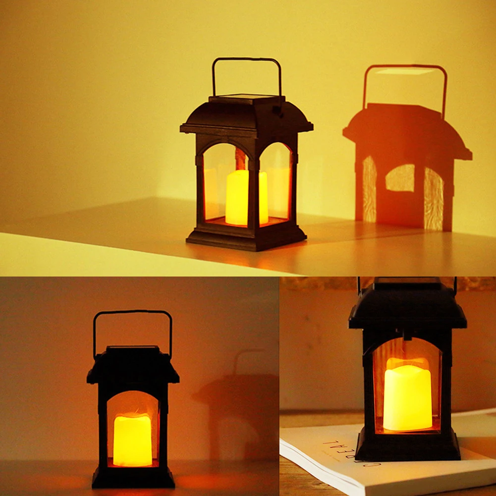 Retro Led Solar Candle Lights With Handle Ip44 Waterproof Outdoor Garden Hanging Decorative Table Lamp
