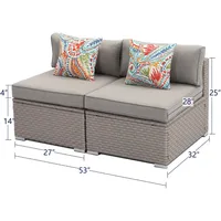 Outdoor Sectional 2-Piece Wicker Sofa in Pearl Gray, w 2 Stripe Pillows, Gray Cushions Elegant Patio Furniture Add-on Armless C 2