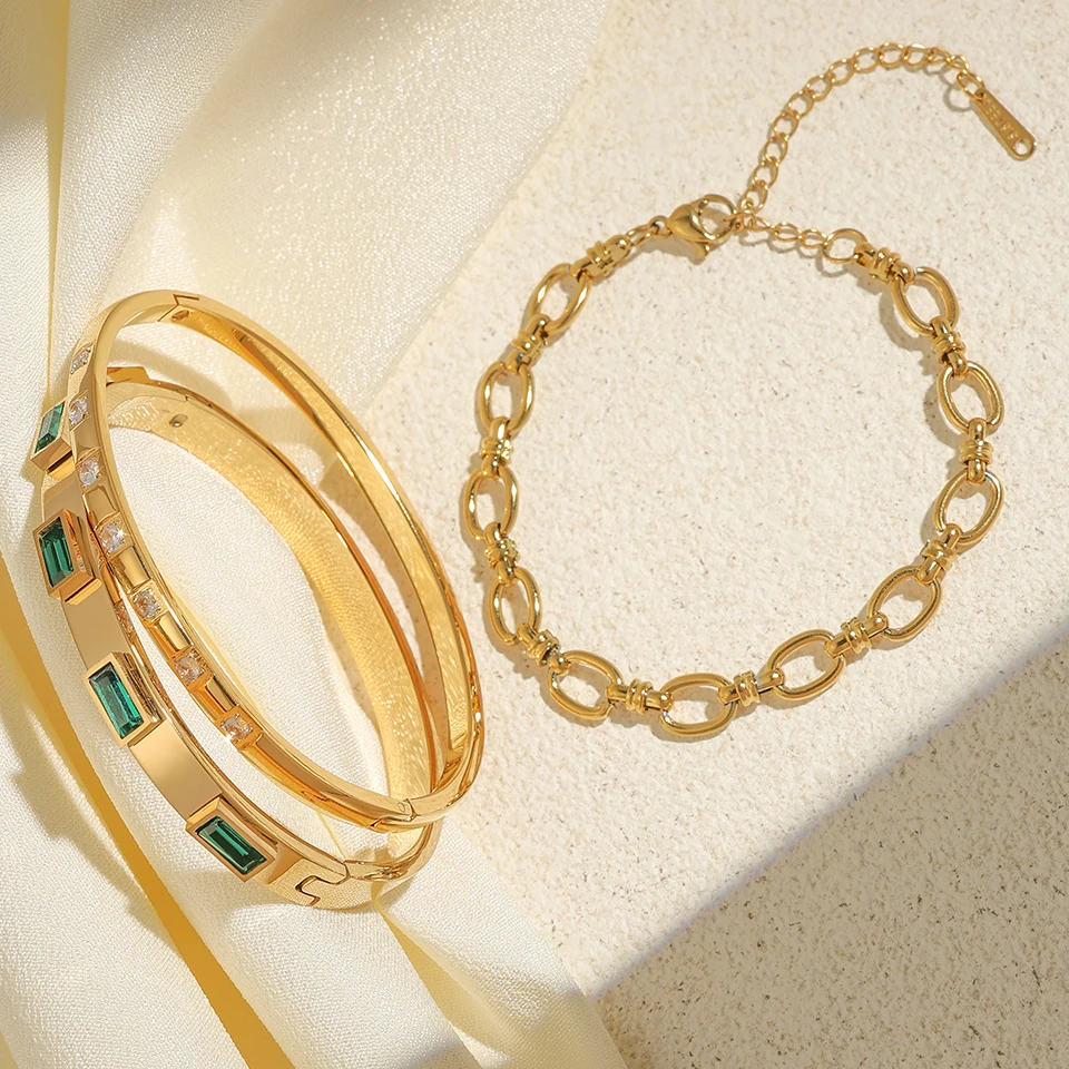 Luxury Gold Plated Stainless Steel Cuff Bracelet For Women Men Green Cubic Zircon Couple Bangle Waterproof Fashion Jewelry Gift 6