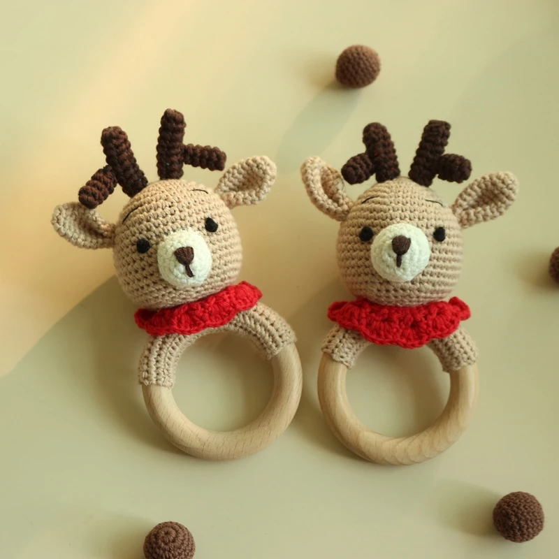 

Knitted Baby Teether Wooden Ring Handmade BPA Chewing Teething Gifts