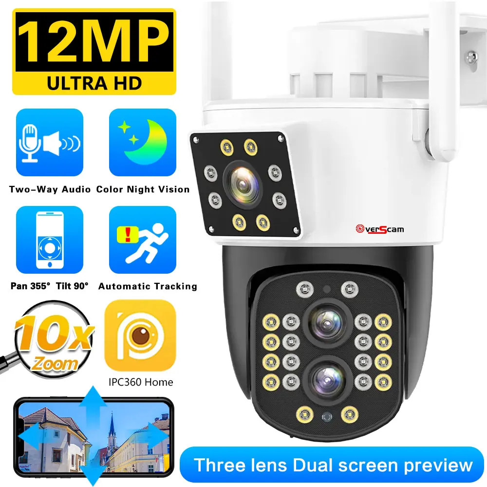 WIFI IP 6K Camera 10X Hybrid Zoom Three Lens PTZ Wifi Camera 12MP Outdoor Security Video Surveillance CCTV Camera Auto Tracking 12mp 4k 990x zoom wifi ip camera 4g sim card outdoor color automatic tracking video security high speed dome ptz 8mp poe camera