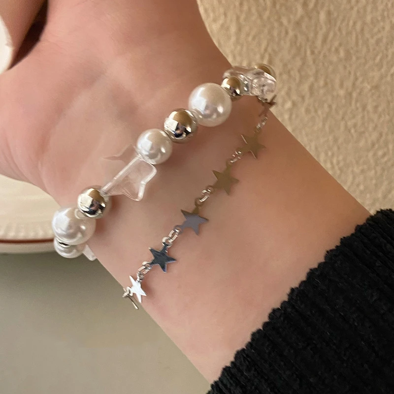 Multilayer Irregular Imitation Pearl Chunky Chain Star Flower Pendant Bracelet For Women