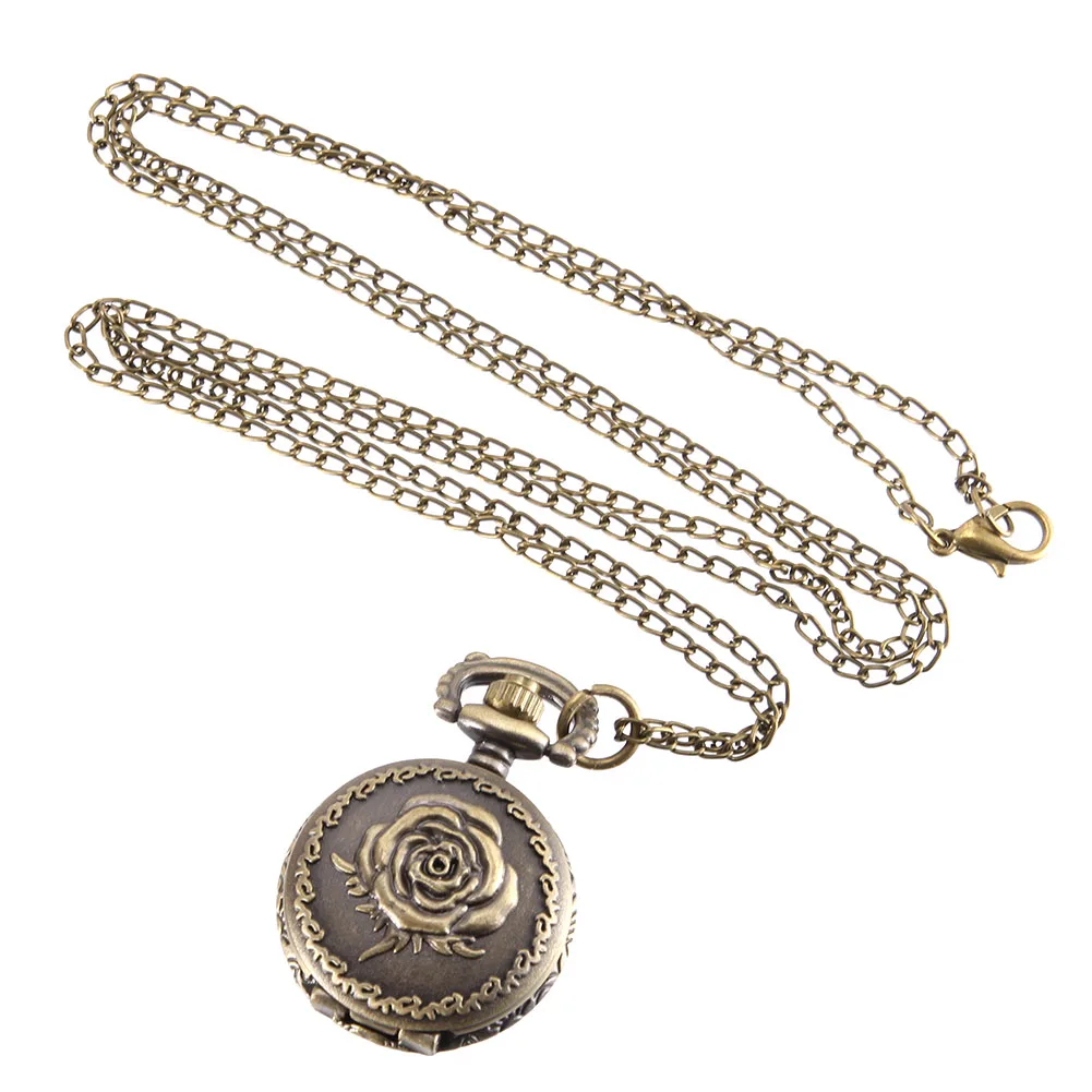 Vintage Bronze Steampunk Quartz Pocket Watch with Hollow Heart Cover and Chain Necklace