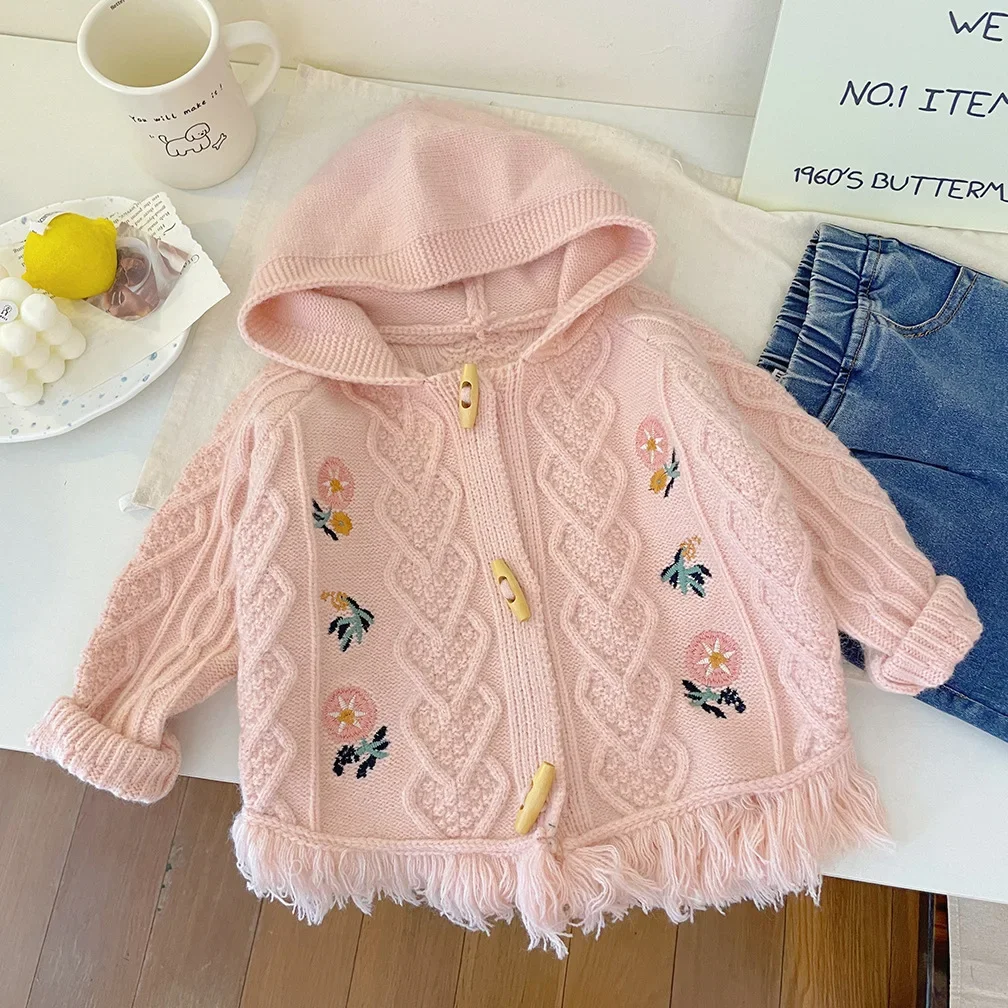 

Autumn New Korean Hooded Sweater Tassel Flower Embroidery Knitwear Baby Kids Girl Cute Fashion Sweater Cardigan Knitted Sweater