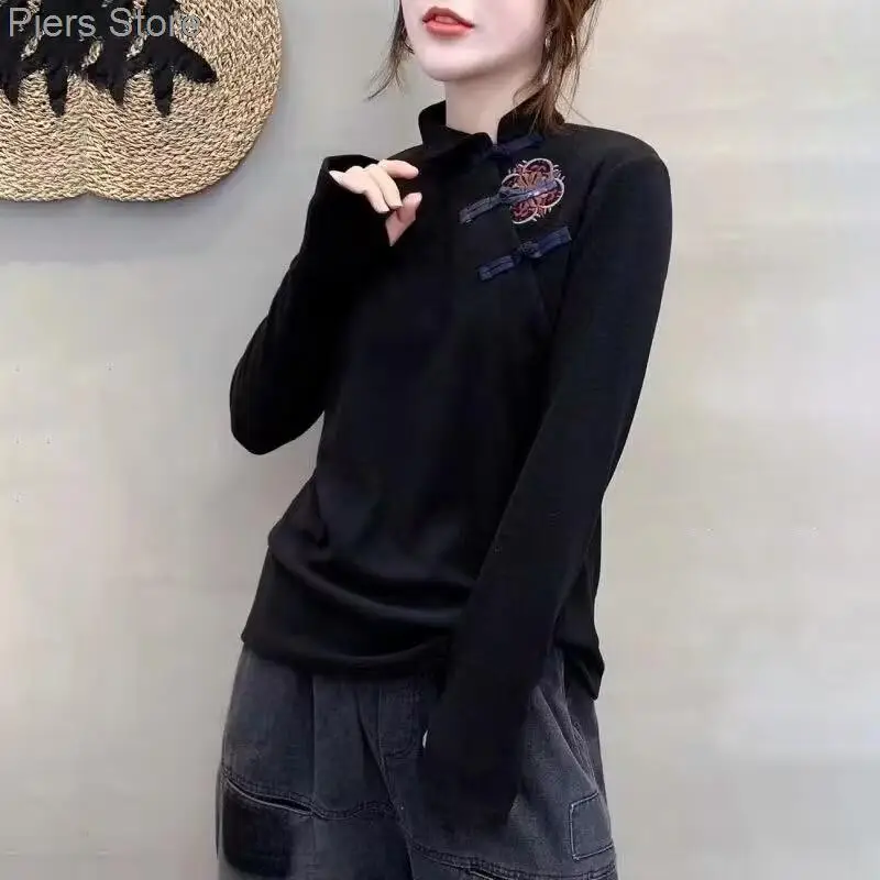 Women Chinese Shirts Long Sleeves Casual Tops Cheongsam Button Cotton