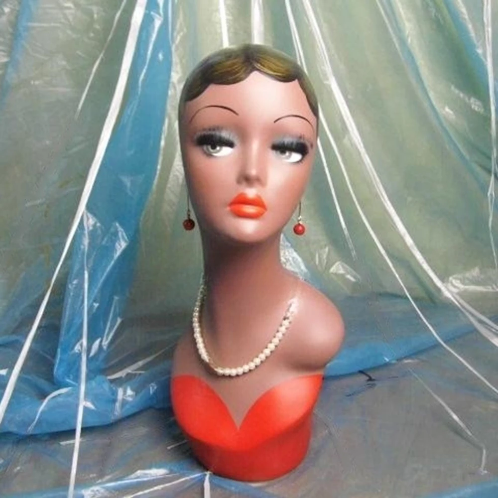 

Female Mannequin Head with Makeup Red and Black Wigs Vintage Style Model Hat Accessory Earring Glasses Necklace Display