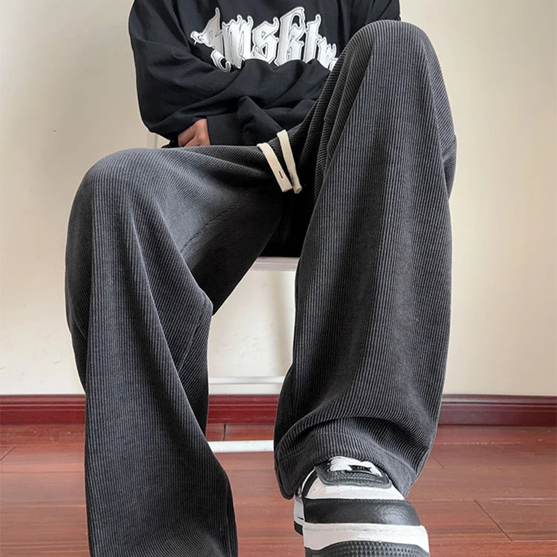 

2023 Men Spring Autumn New Casual Straight Pants Male Fashion Loose Wide Leg Trousers Men Solid Color Corduroy Pantalones H561