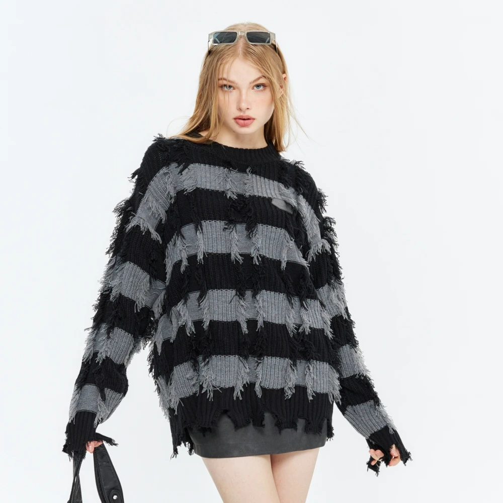 

Tassel Women Sweater Y2k Streetwear Frayed Knitwear Striped Sweaters Oversized Korean Fashion Pullovers 2024 Spring Vintage Tops
