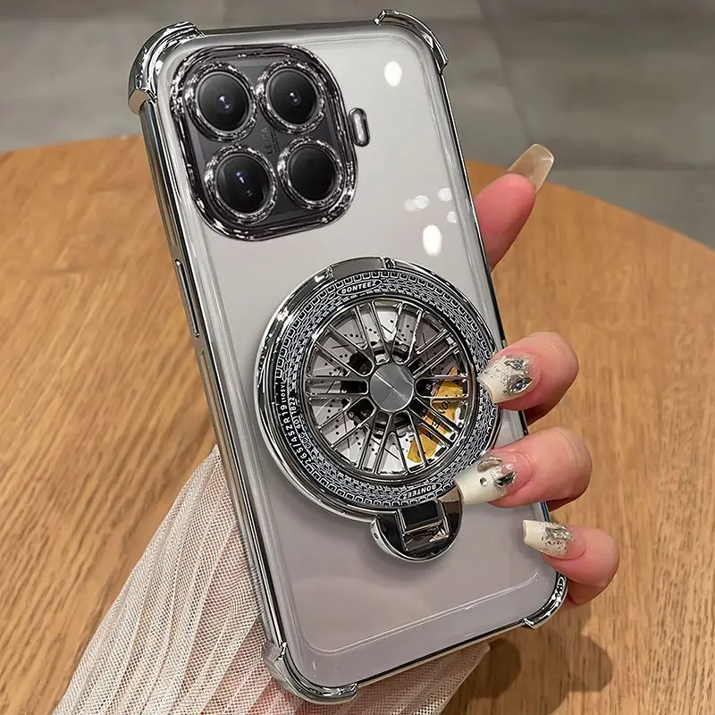 Deluxe Transparent Electroplated Stand Phone Case with Four-Corner Anti-Fall Protection