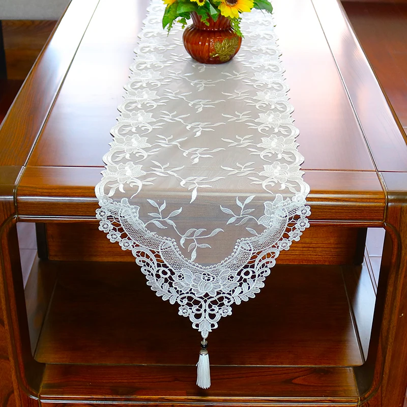 

Europe white lace flower Embroidery Table flag Runner cloth cover tablecloth Christmas Wedding Table decoration and accessories