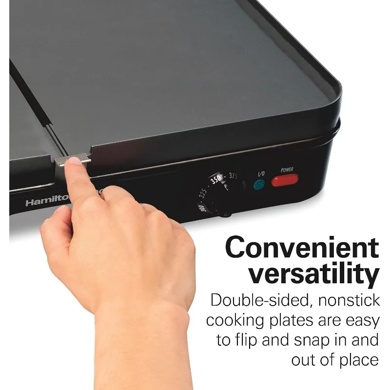 OUIO 3-in-1 Electric Indoor Grill + Griddle, Reversible Nonstick Plates, 2 Cooking Zones with Adjustable Temperature, Black 3